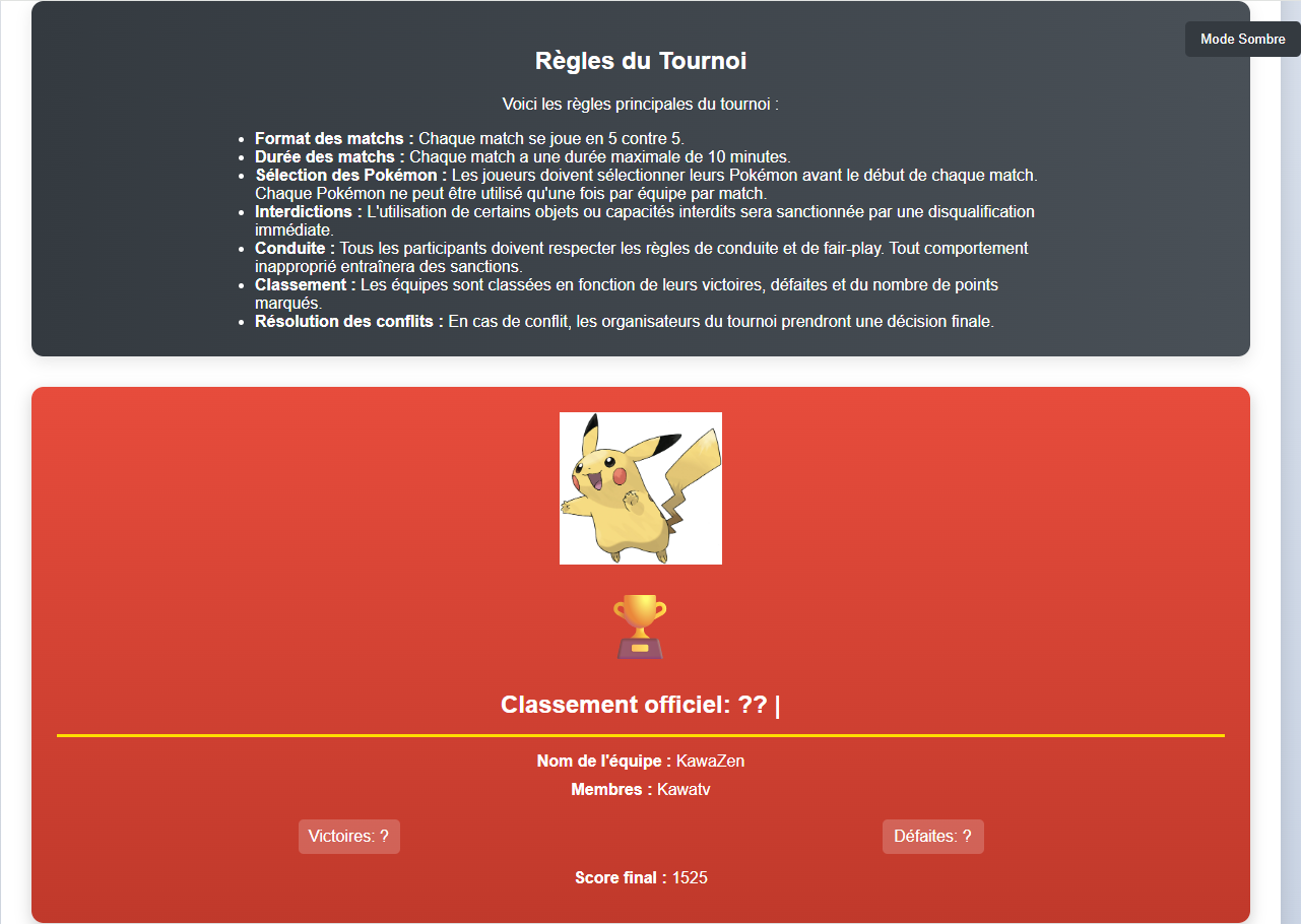 Sur cette image, je vous montre la page pour tous les informations sur le tournoi qui va se dérouler cette semaine.