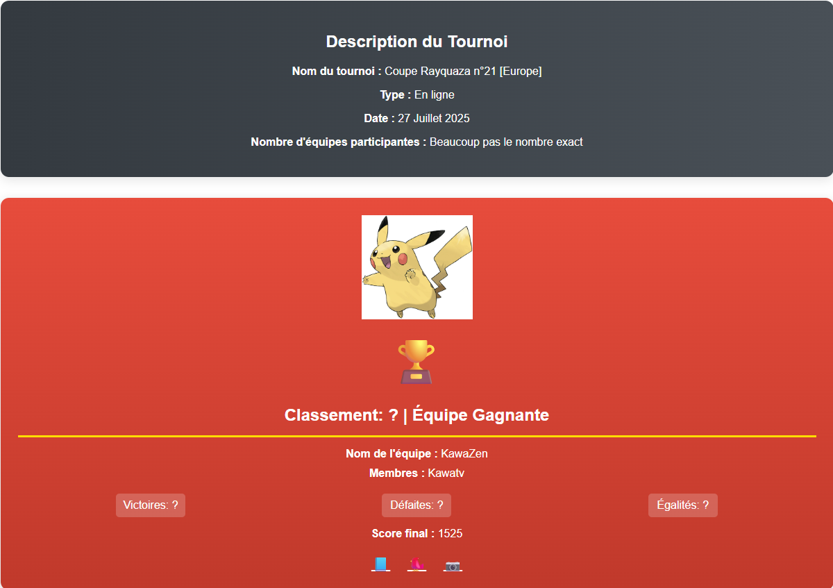 Sur cette image, je vous montre la page pour tous les informations sur le tournoi qui va se dérouler cette semaine.