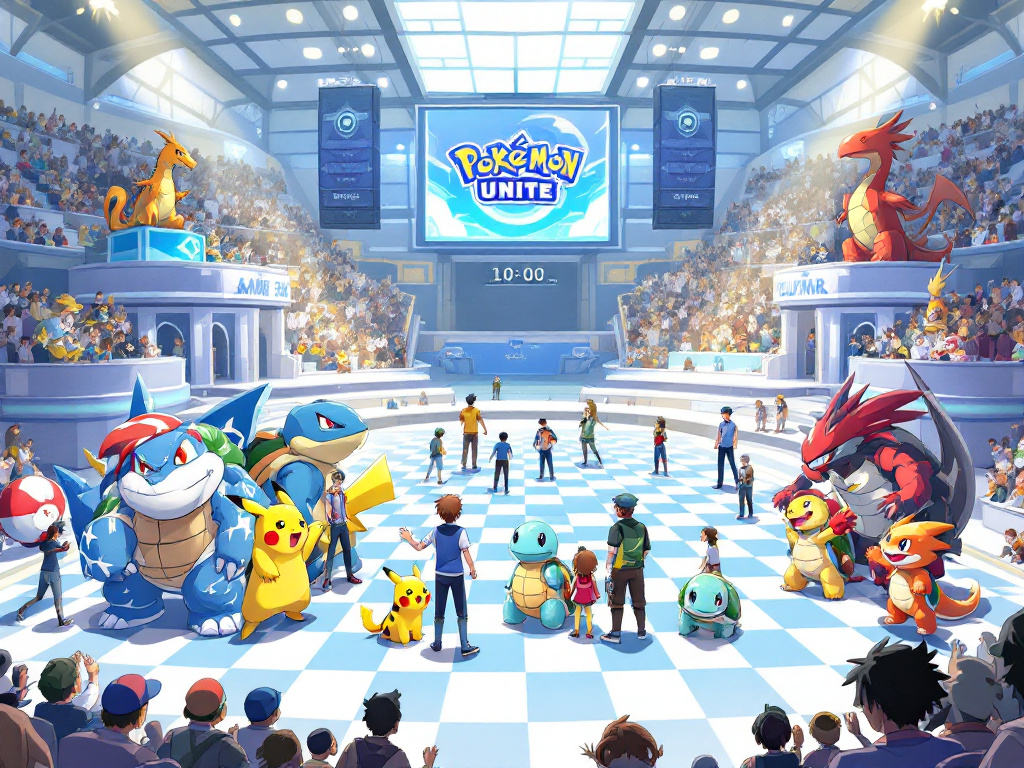 Sur cette photo nous pouvons apercevoir une arène de pokémon avec une équipe du côté de droite et du côté gauche.