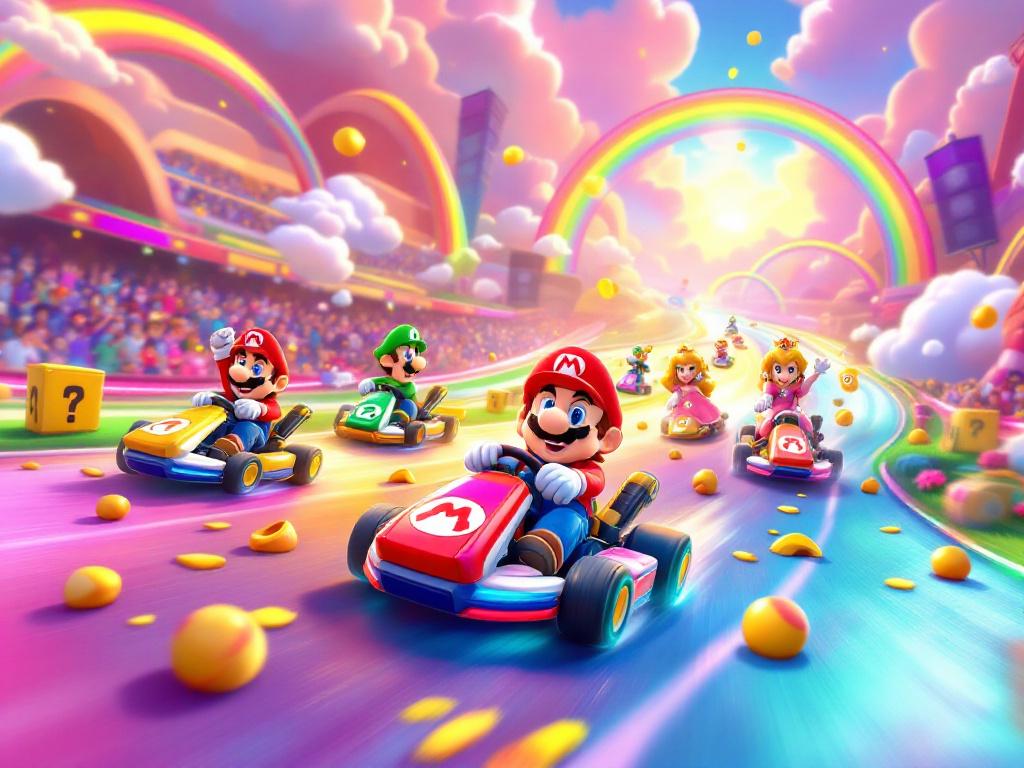 Sur cette image, on peut apercevoir mario et ces compère entrain de faire la course sur un circuit.